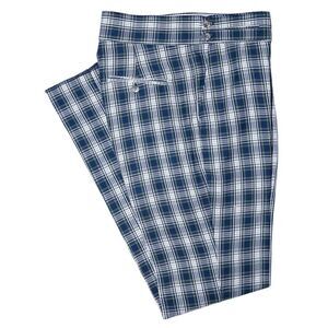 Mens Gurkha Pants Blue White Green Tartan Plaid Slim High Waist Flat Front 34